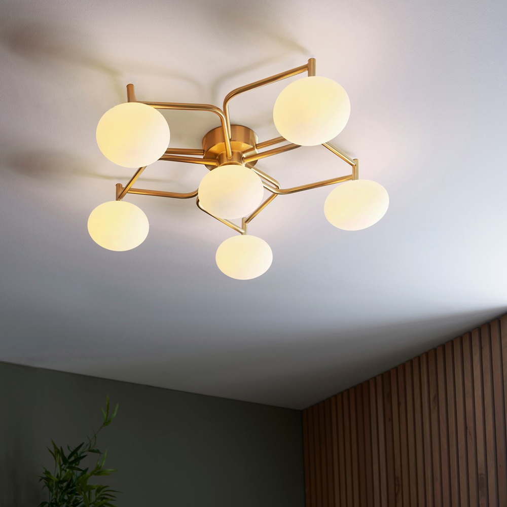 Merano Pesaro Matt Opal Glass Satin Brass Plate Flush Ceiling Light Image 6