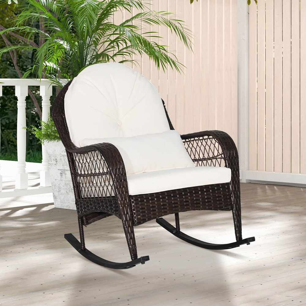 Costway White Rattan Rocking Chair with Seat Back Cushion Image 3