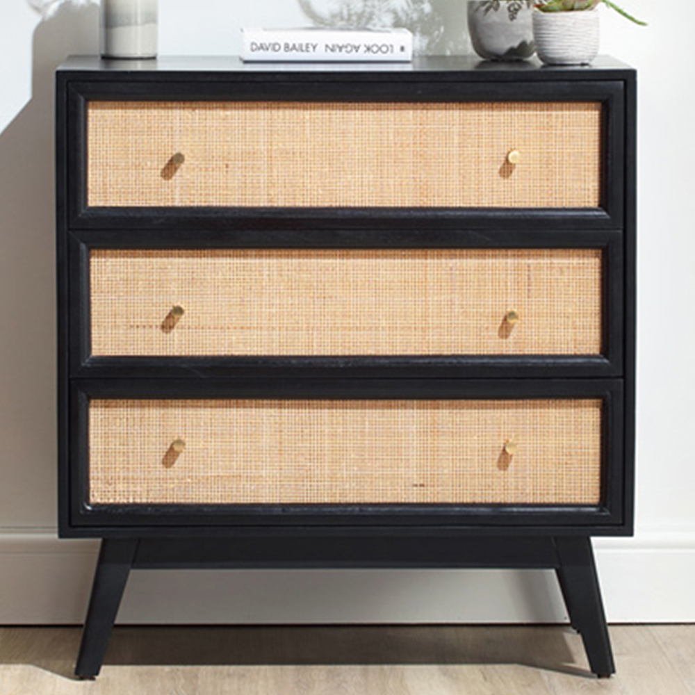 Desser Venice 3 Drawer Black Rattan and Mango Wood Chest of Drawers Image 1