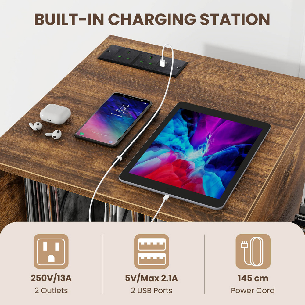 Costway Rustic Brown Record Player Stand with Power Outlet and Removable Dividers Image 6