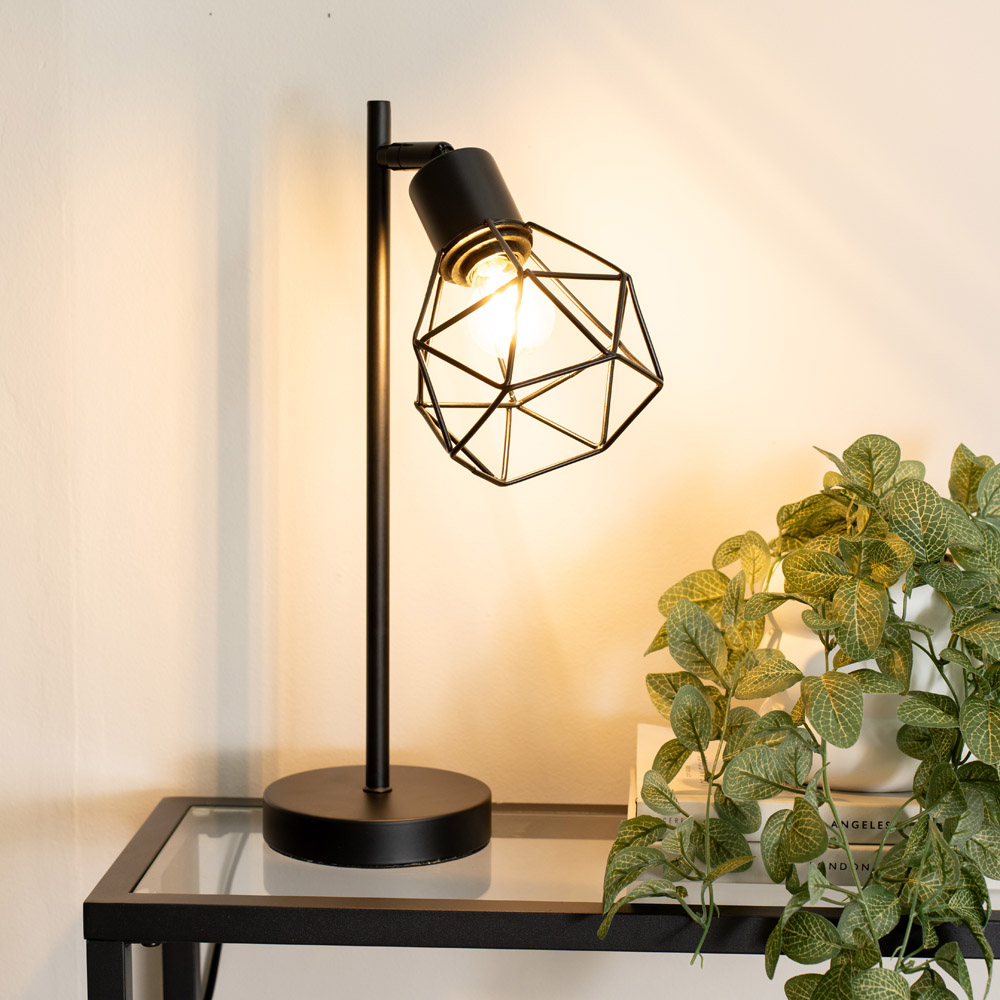 ValueLights Angus Matt Black Metal Geometric Basket Shade LED Table Lamp Image 2
