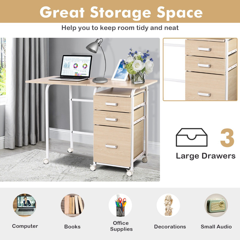 Costway 3 Drawer Folding Computer Desk with Rolling Wheels Natural Image 6