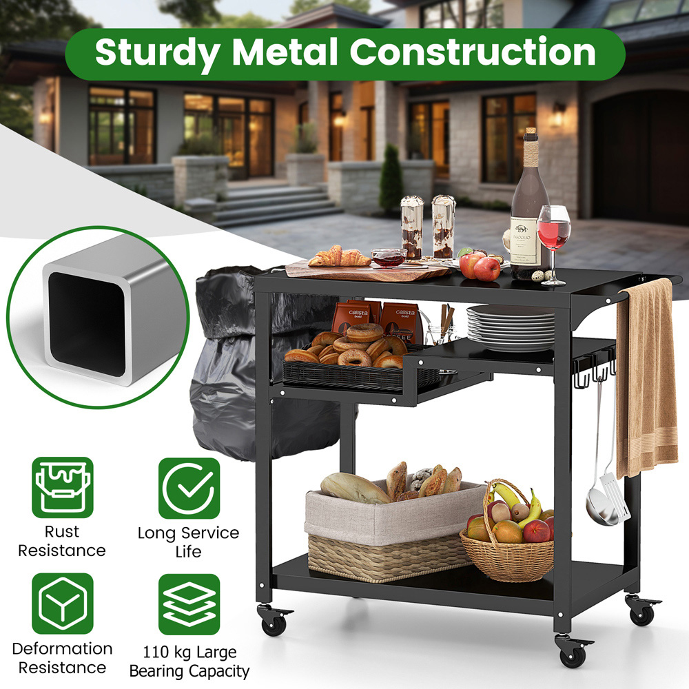 Costway Black 3 Shelf Movable BBQ Cart with 4 Lockable Wheels Image 7