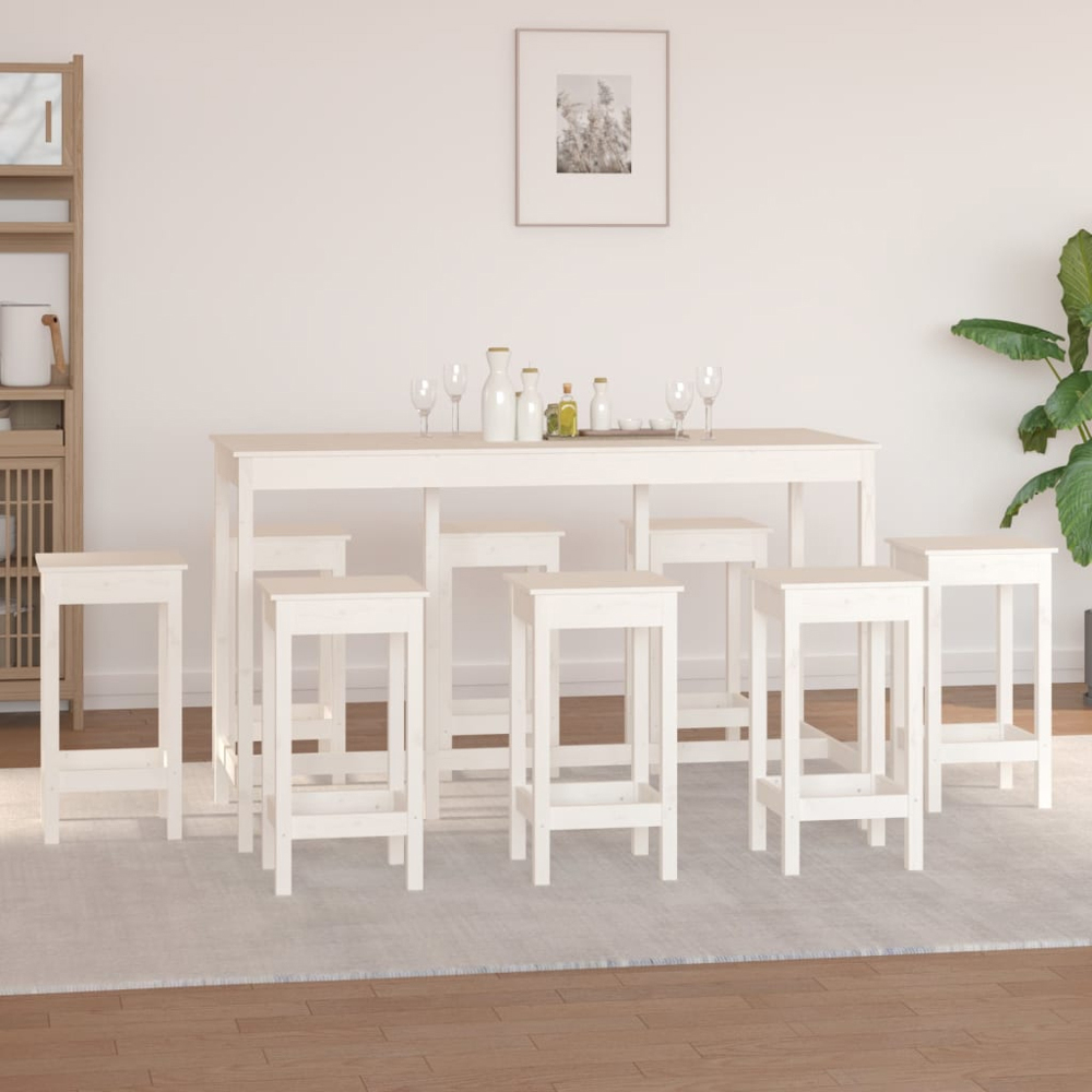 vidaXL 8 Seater White Solid Pine Wood Bar Table Set Image 1
