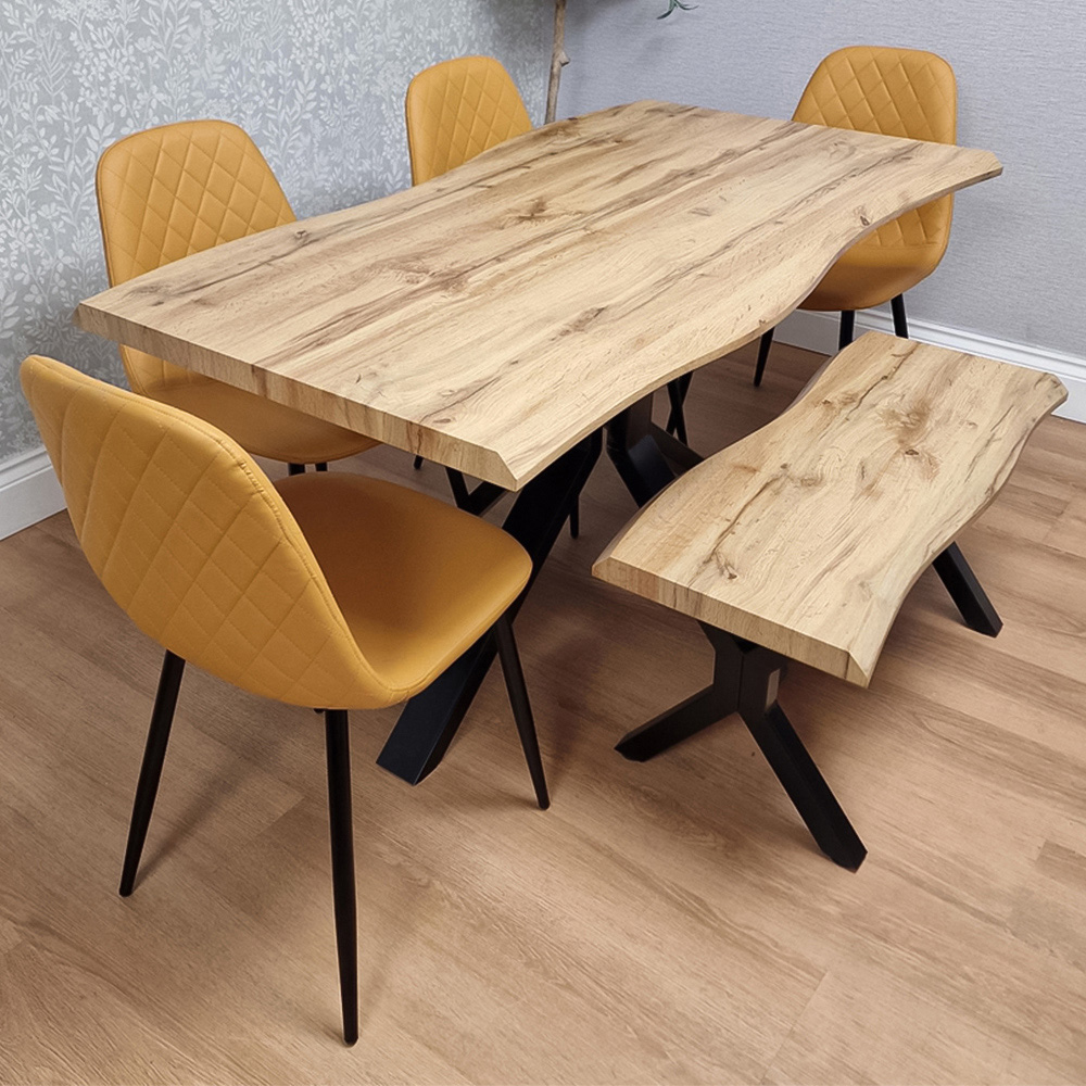 Portland 6 Seater Gem Pattern Wooden Tabletop Dining Bench Set Mustard Image 1