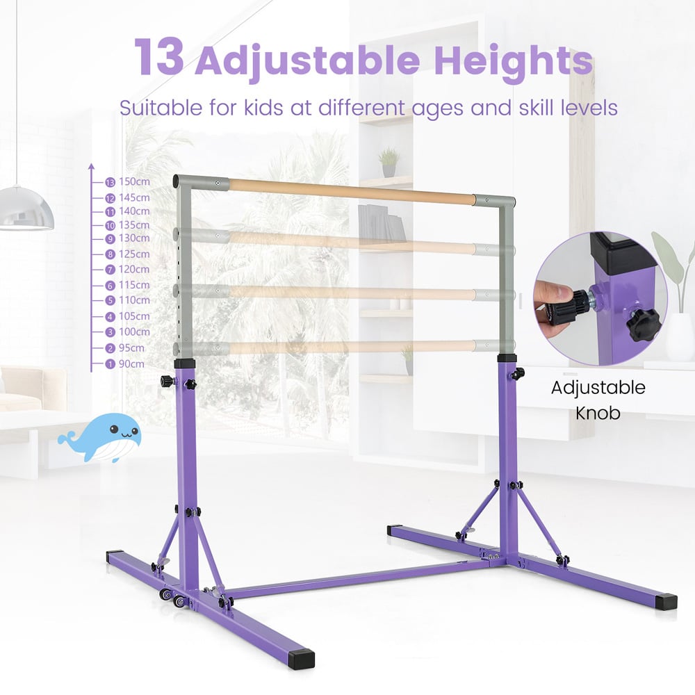 Costway Purple Kids Height Adjustable Foldable Gymnastics Bar Image 7