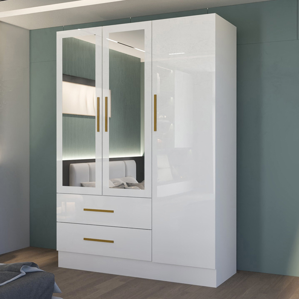 M N Furniture Glossera 3 Door 2 Drawer White High Gloss Mirrored Wardrobe 116cm Image 1