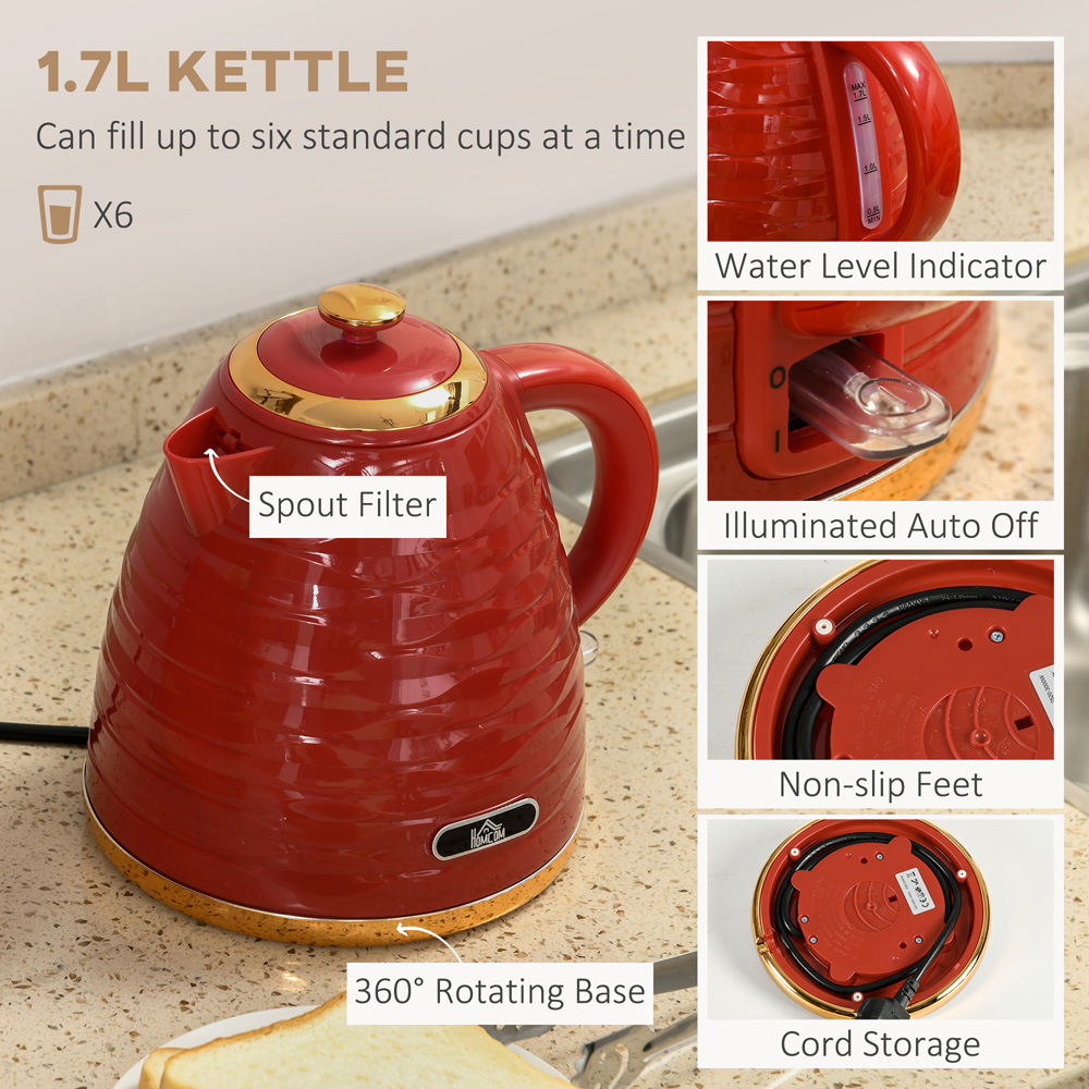 HOMCOM Red 1.7L Jug Kettle and 4 Slice Toaster Set Image 4