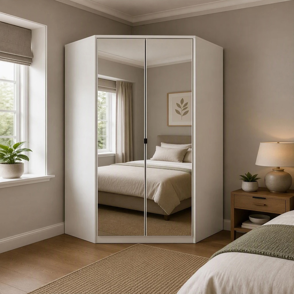 TJ'S Venice 2 Door White Mirrored Corner Wardrobe Image 4