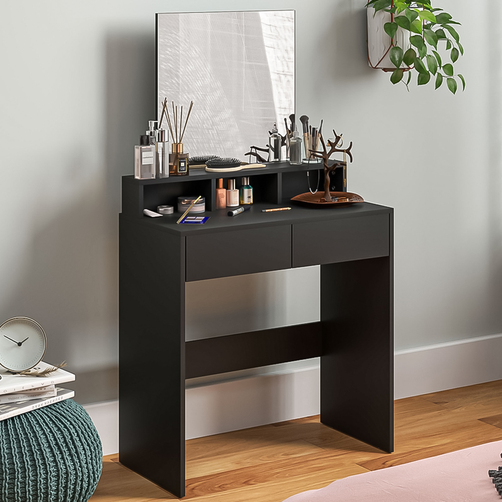 HOMCOM 2 Drawer 3 Shelf Black Dressing Table with Mirror Image 1