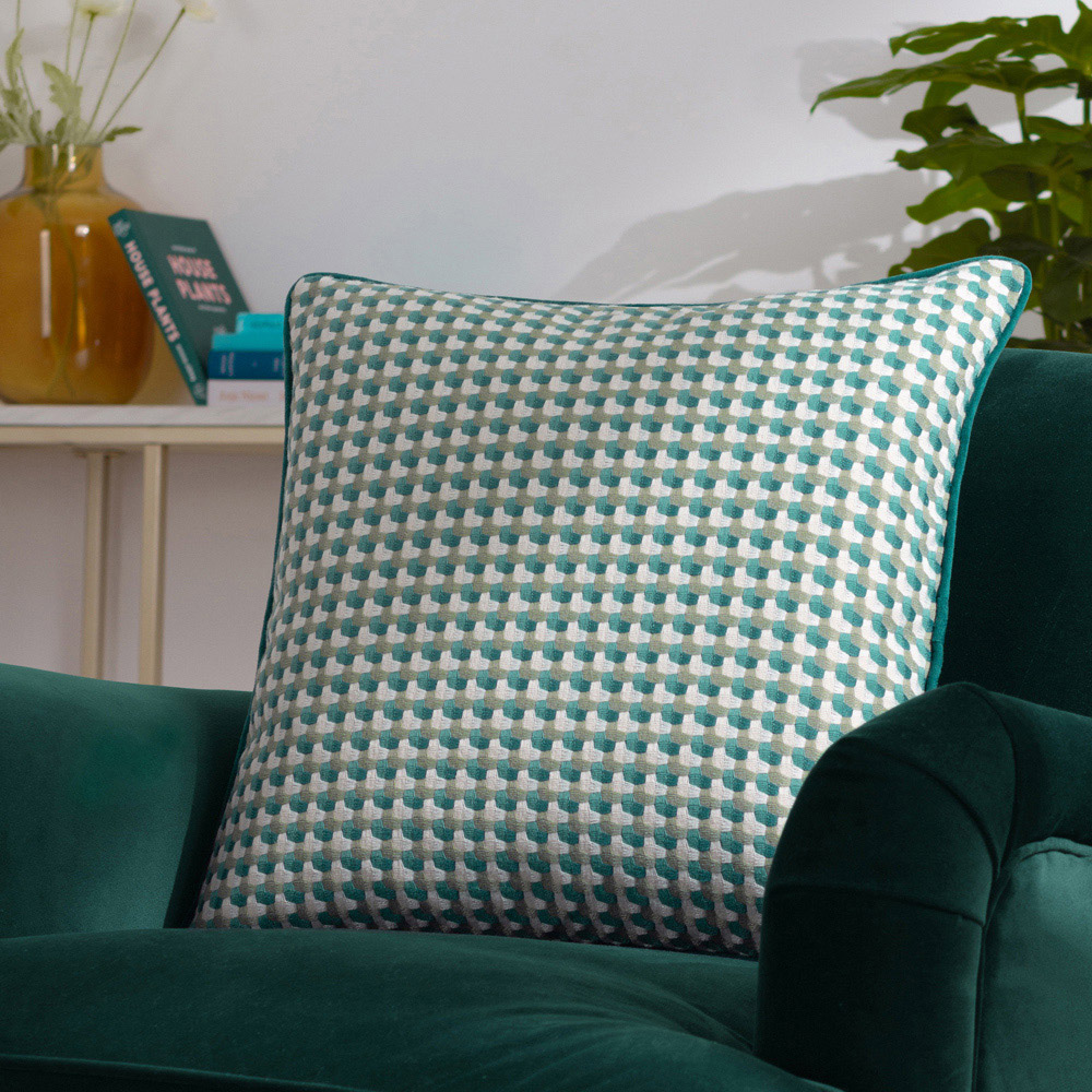 furn. Marttel Teal Geometric Jacquard Cushion Image 2