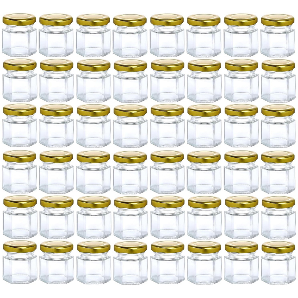 ATEK Clear Mini Hexagonal Glass Jar with Gold Lids 45ml 48 Pack Image 1