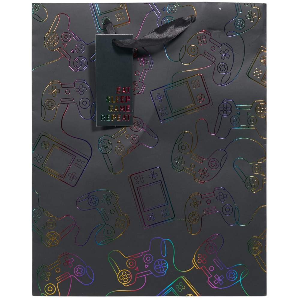 Large Gamer Rainbow Foil Gift Bag Black Image 2