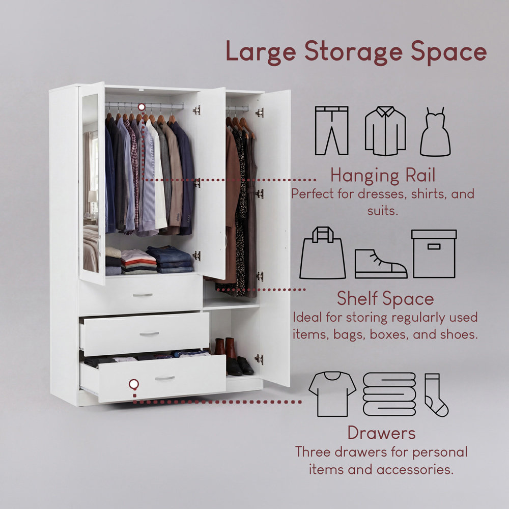 VIDA DESIGNS Riano 3 Door 3 Drawer White Mirrored Wardrobe Image 6