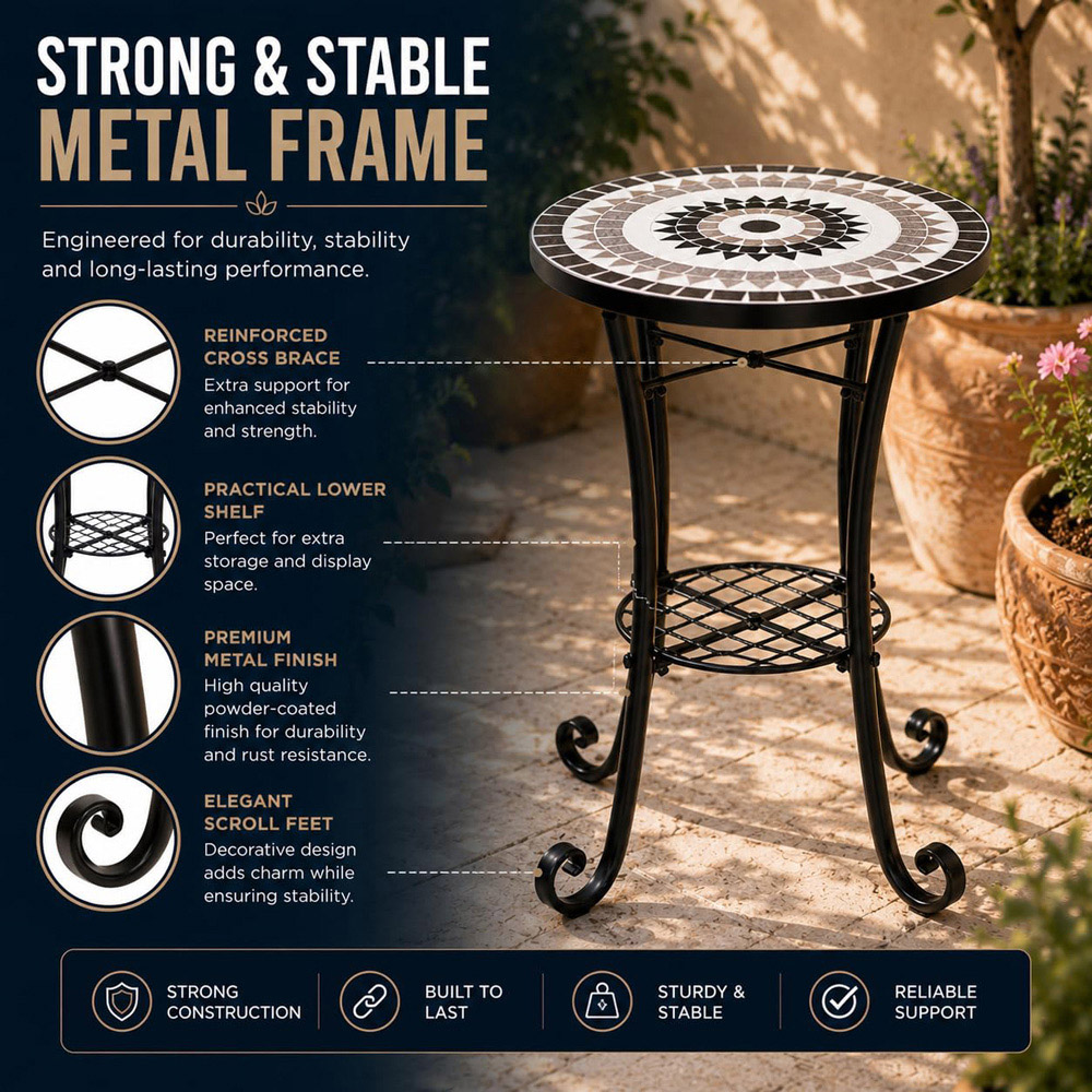 Shatchi Medina 2-in-1 Single Shelf Mosaic Ceramic Tile Top Plant Stand Side Table Image 6