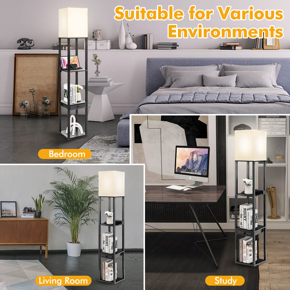 Costway Single Drawer 3 Shelf Black Storage Floor Lamp Image 6