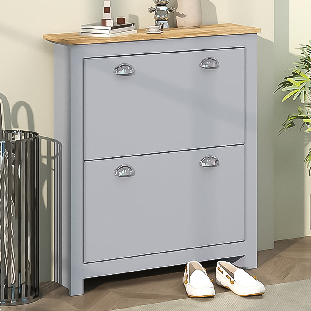HOMCOM 2 Drawer Grey Flip Door Narrow Shoe Cabinet Image 1
