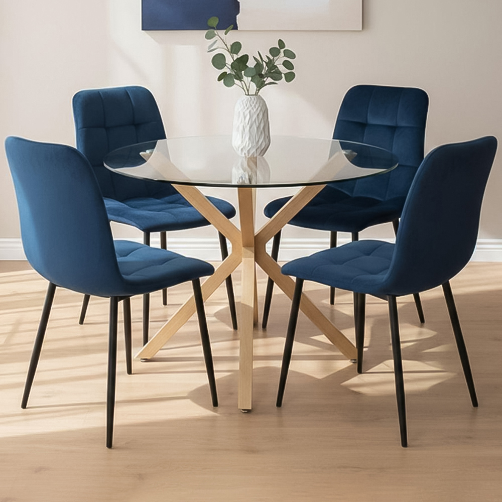 Portland 4 Seater Velvet Tufted Glass Tabletop Round Dining Set Blue Image 1