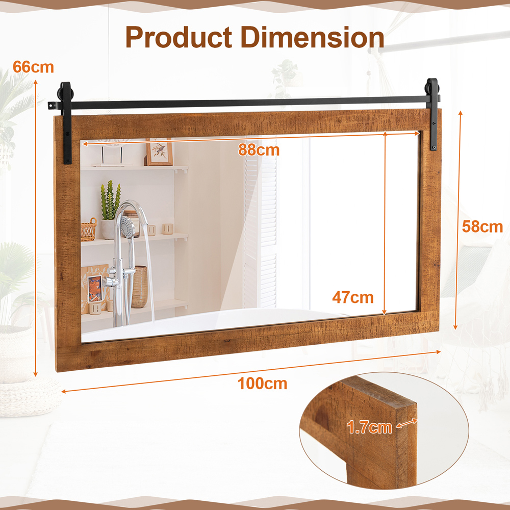 Costway Brown Fir Wood Frame Farmhouse Wall Mirror 66 x 100cm Image 9