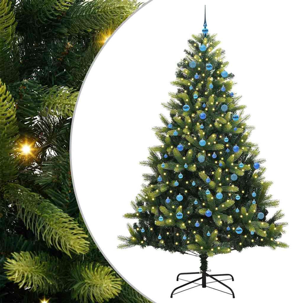 vidaXL Pre-Lit Blue Baubles Green Artificial Hinged Christmas Tree 8ft Image 2