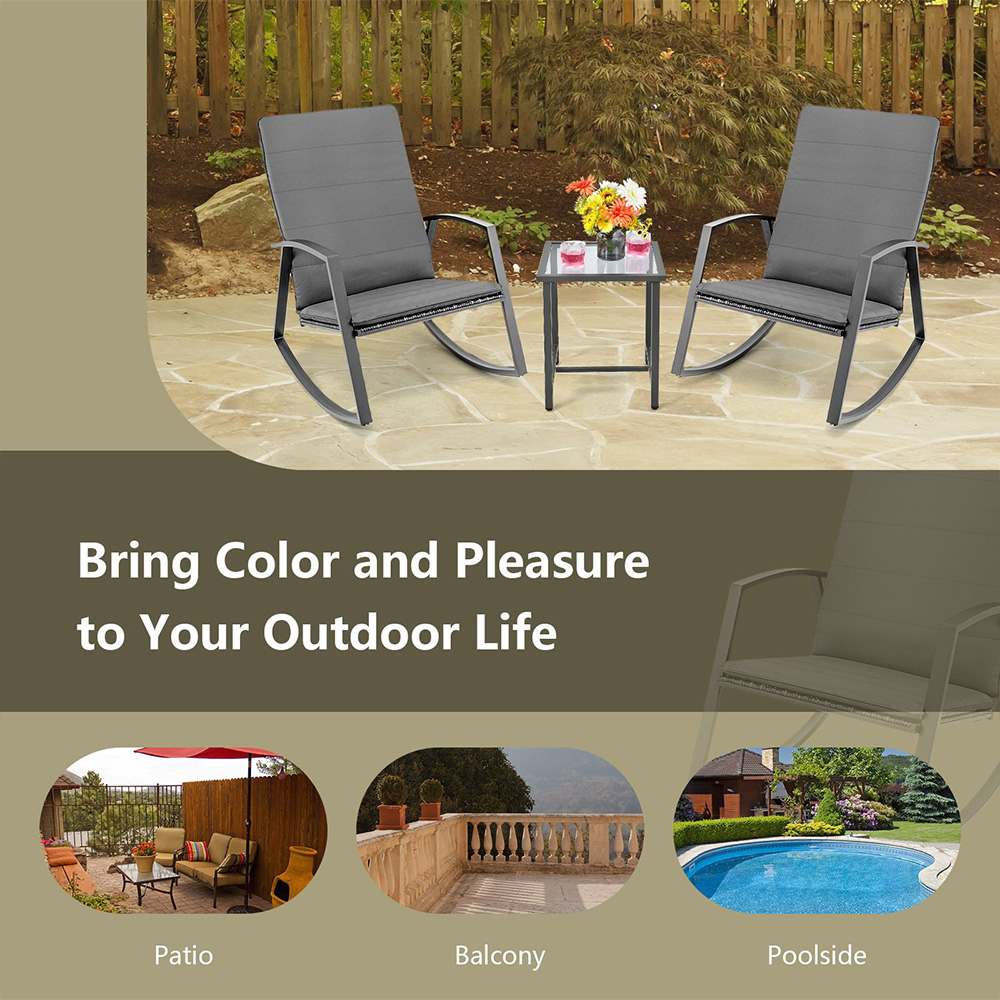 Costway 2 Seater PE Rattan Rocking Chair Bistro Set Grey Image 6