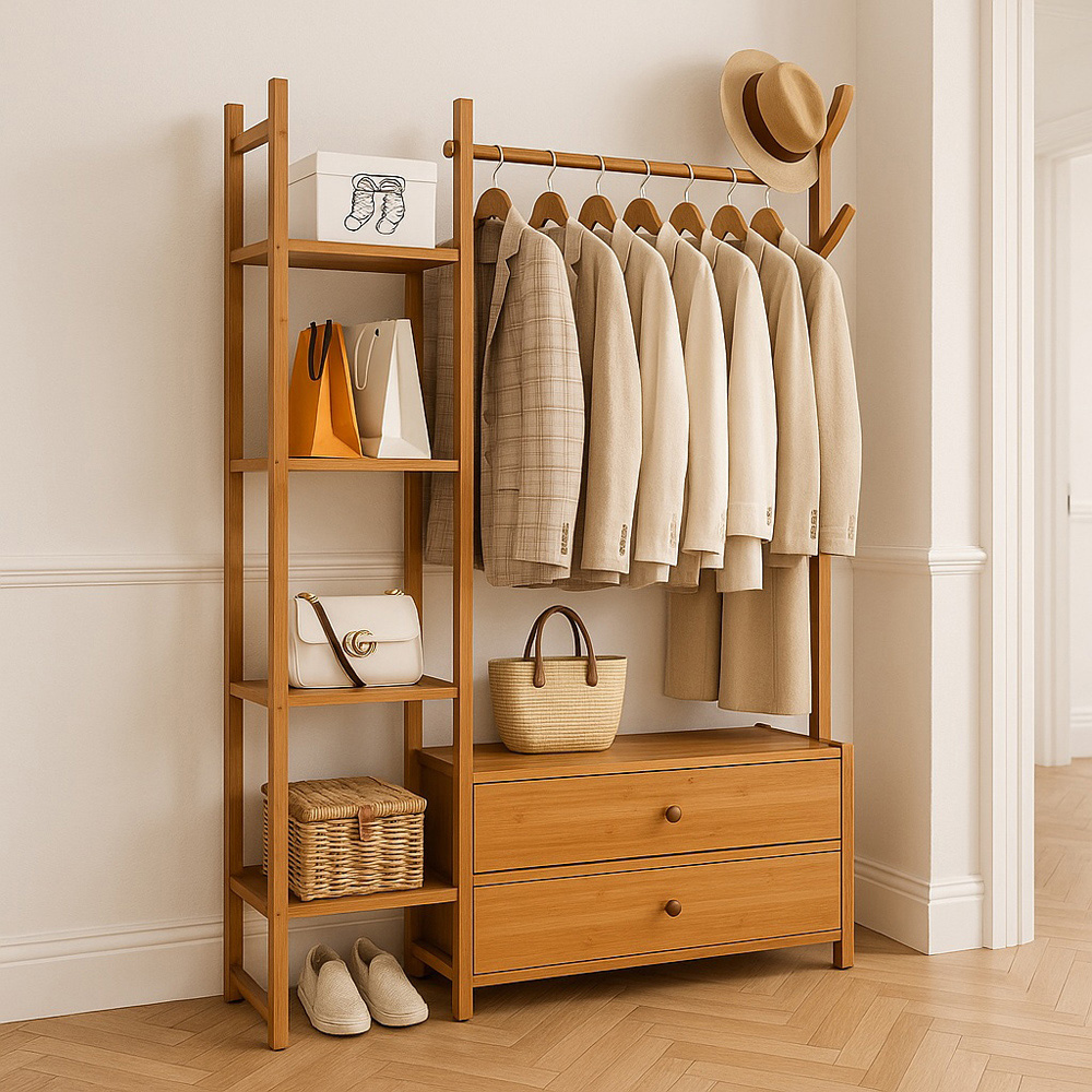 Modcraft 2 Drawer 4 Shelf Natural Large Bamboo Clothes Rail Rack Image 3