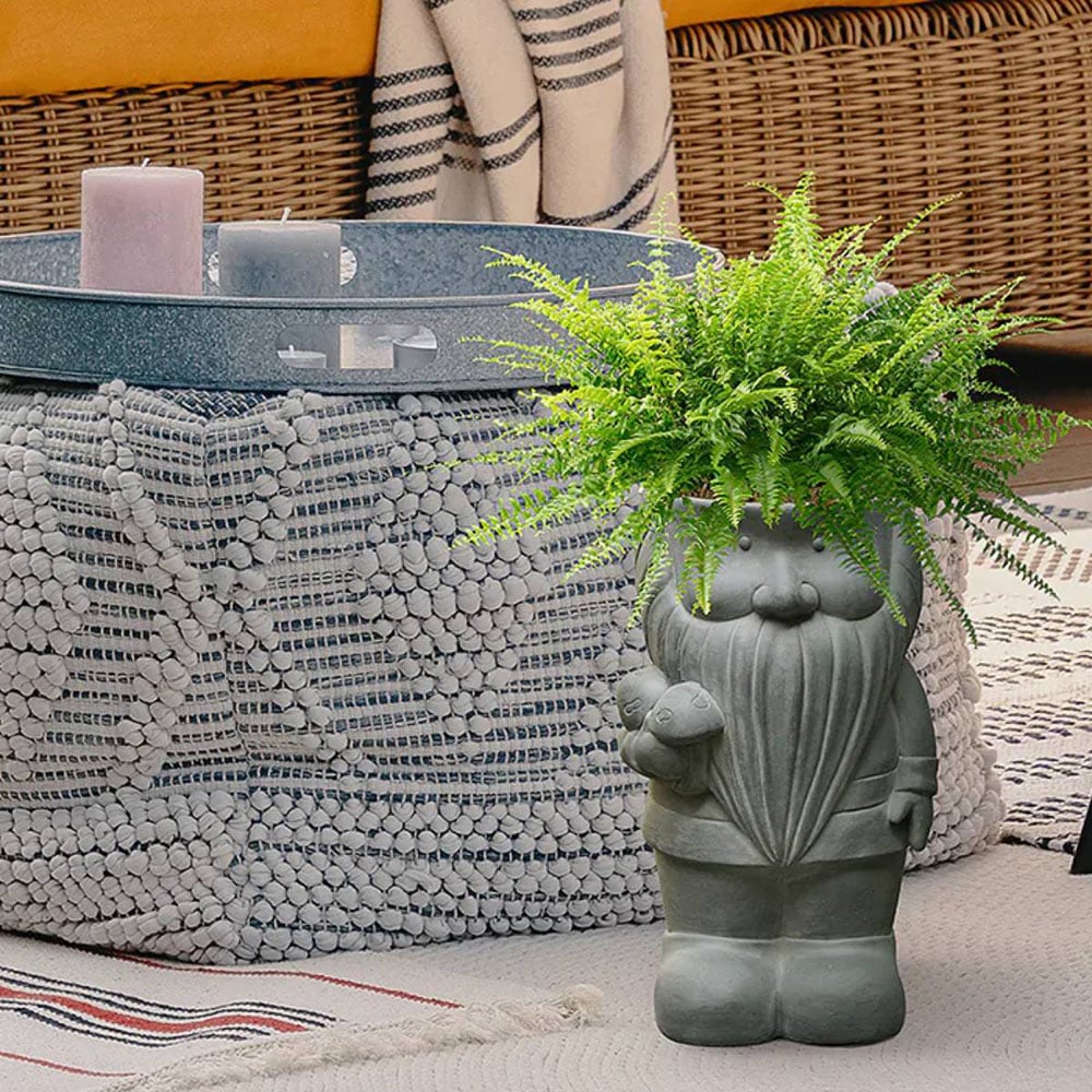 wilko Grey Fibrestone Gnome with Mushrooms Outdoor Plant Pot 39cm Image 3
