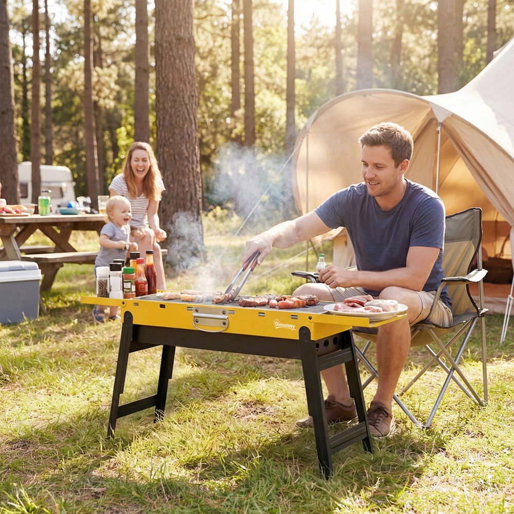 Outsunny Yellow Charcoal BBQ Grill with 2 Side Shelves and Handle Image 2