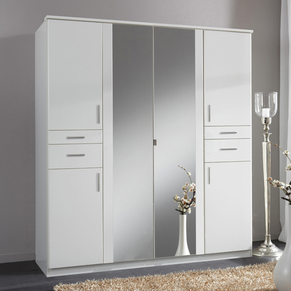 TJ'S Lyon 6 Door 4 Drawer White Wardrobe with Mirror Image 1