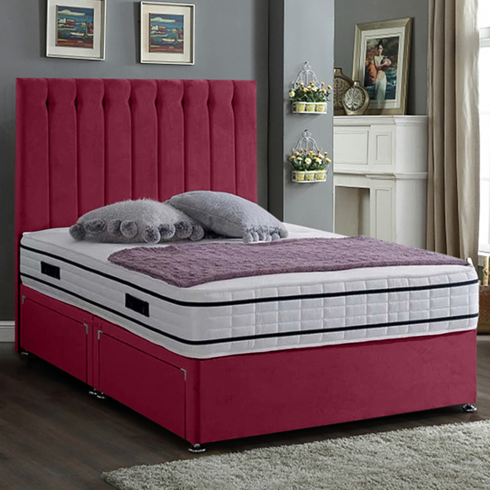 Eleganza Home Snuggler King Size Maroon Plush Velvet 2 Drawer Divan Bed with Lined Headboard Image 1