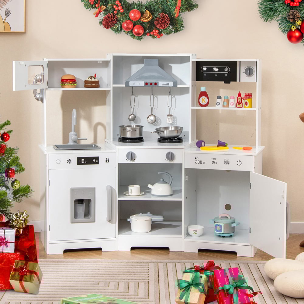 Costway Kids White Wooden Kitchen Play Set with Real Sounds and Lights Image 2