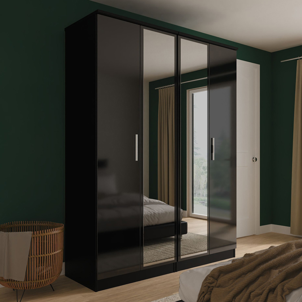 Crowndale Knightsbridge 4 Door Black Gloss and Black Tall Mirror Wardrobe Ready Assembled Image 1