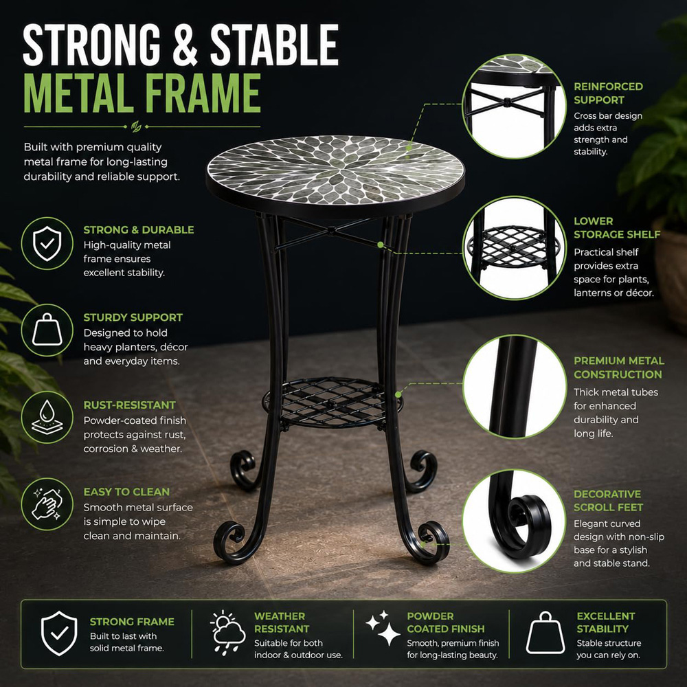Shatchi Leaf 2-in-1 Single Shelf Mosaic Ceramic Tile Top Plant Stand Side Table Image 6