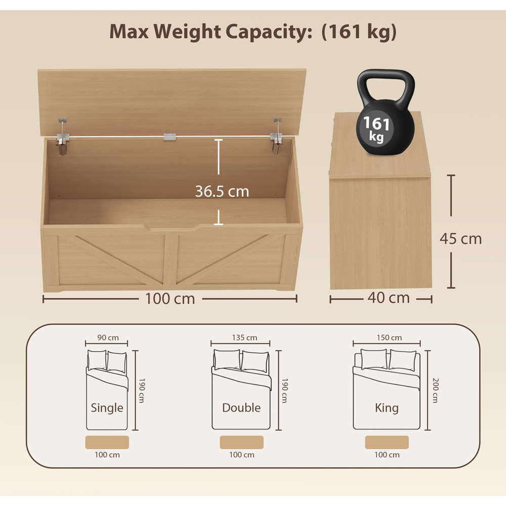 HOMCOM 127L Nature Wood Storage Trunk with Safety Hinges Image 9