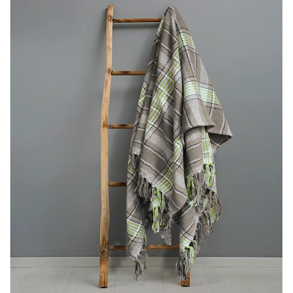 Velosso Natural and Lime Bourbon Check Cotton Woven Tasselled Throw 228 x 254cm Image 2