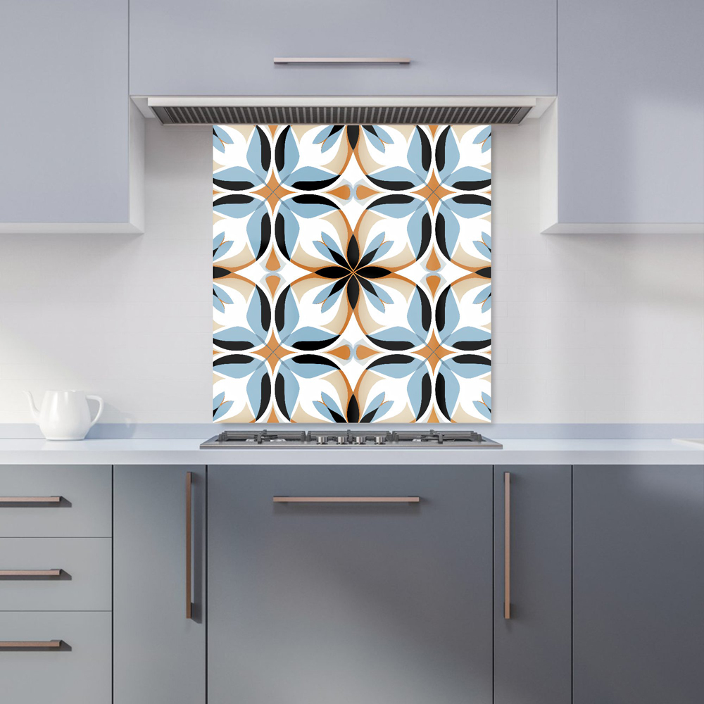Warren Reed Designer White Brown and Blue Geometric Pattern Glass Kitchen Splashback 65 x 70cm Image 1