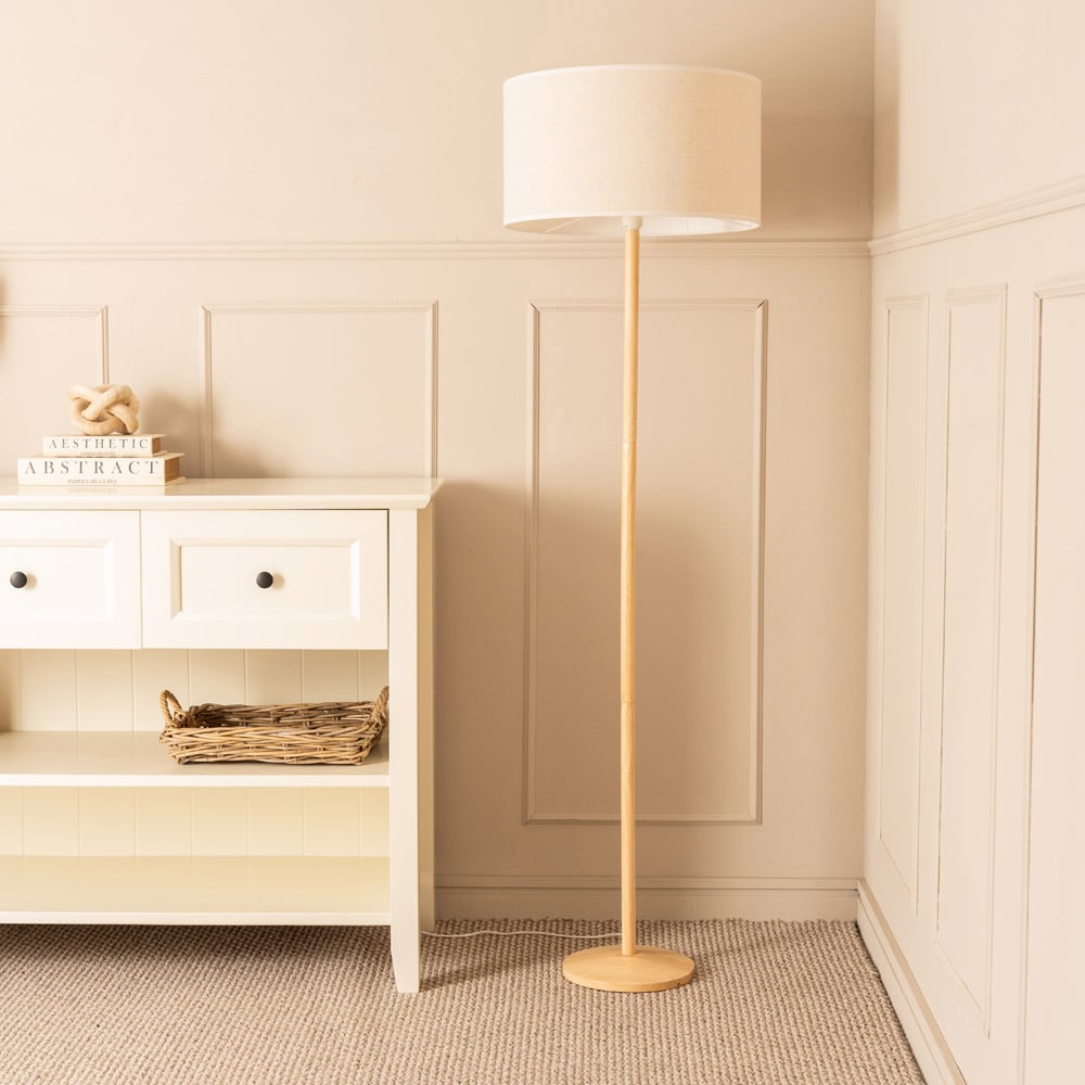 ValueLights Triston White Edge Drum Shade Light Wood LED Floor Lamp Image 5