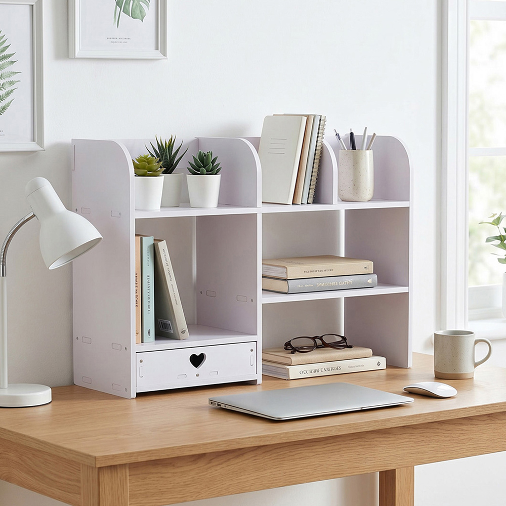 Living and Home Single Drawer 5 Shelf White WPC Asymmetrical Desktop Organiser Image 8