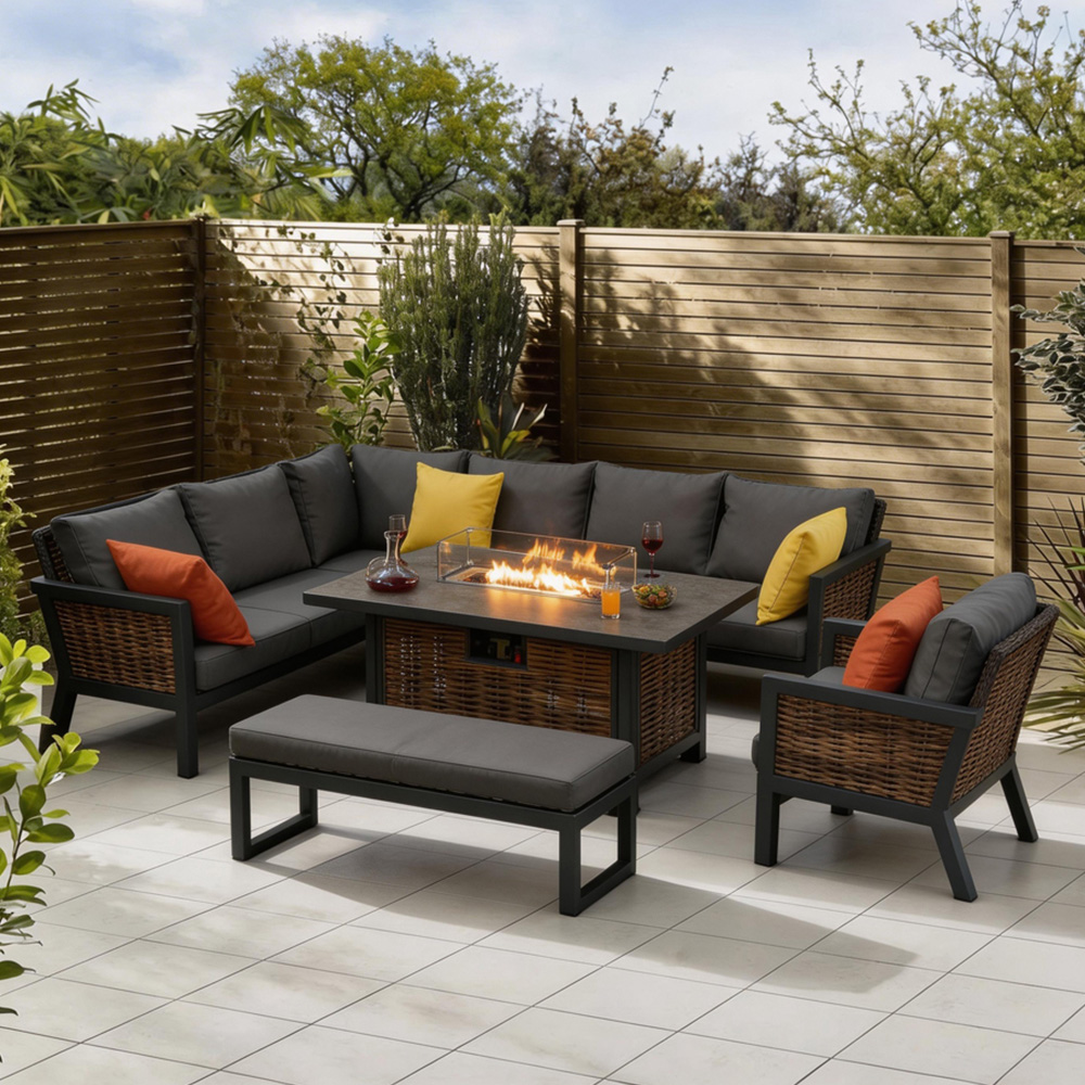 Furniture One 9 Seater Grey Aluminium Outdoor Corner Lounge Set with Fire Pit Table Image 1