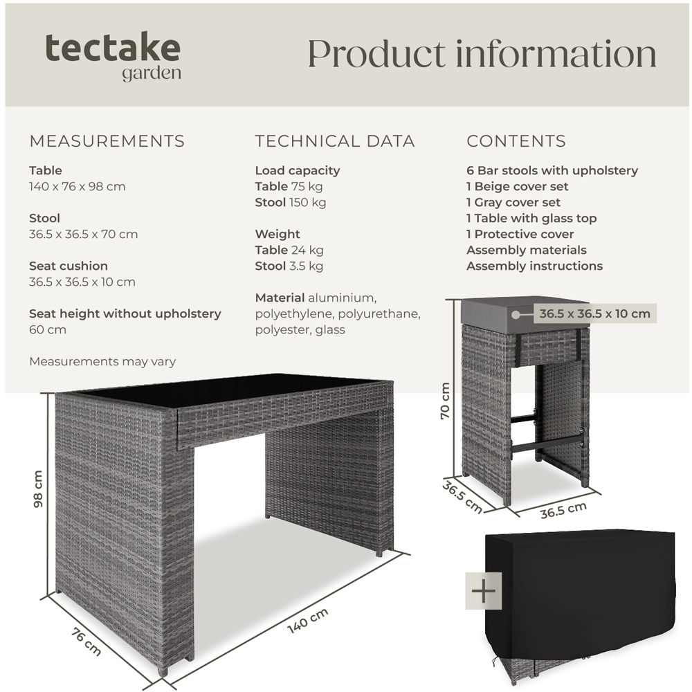 tectake Grey Black Garden 6 Seater Table and Chairs with Cover Image 9