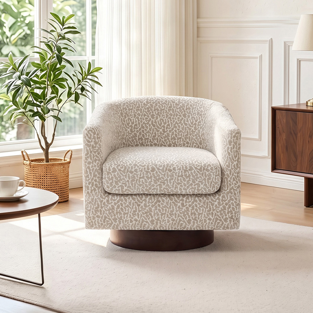 Living and Home Light Brown and White Linen Leopard Print Curved Barrel Swivel Armchair Image 7