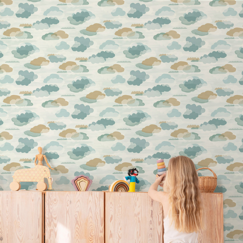 Grandeco Figari Fluffy Clouds Teal Green Wallpaper Image 2