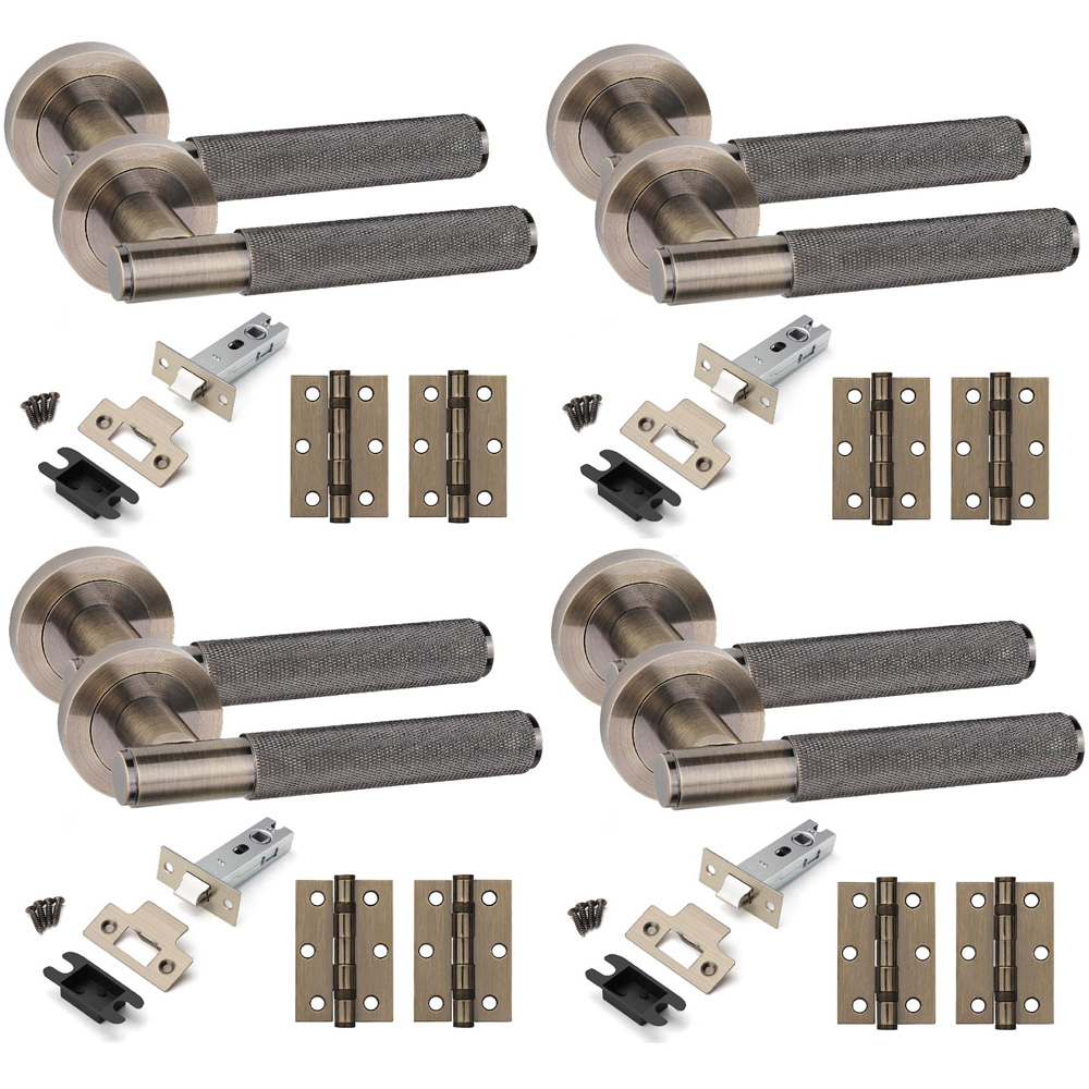 Golden Grace Straight T-Bar Knurled Antique Brass Door Handles and Hinges Set 4 Pack Image 1