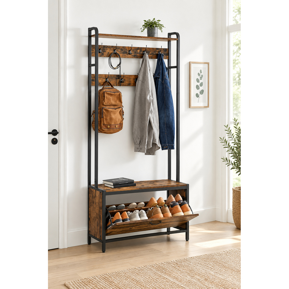 Modcraft Single Flip Down Drawer Rustic Brown Hall Tree Coat Rack with Shoe Bench and 9 Hooks Image 3