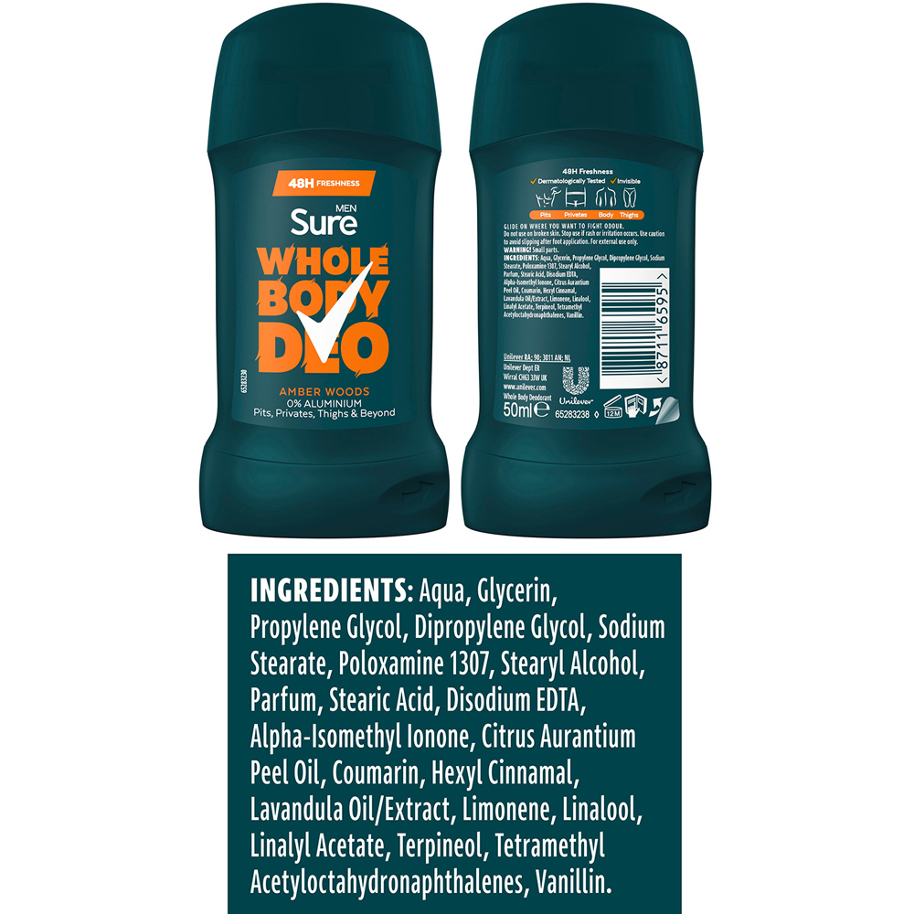 Sure Men Whole Body Amber Woods All Over Odour Control Deodorant Stick 50ml 6 Pack Image 8