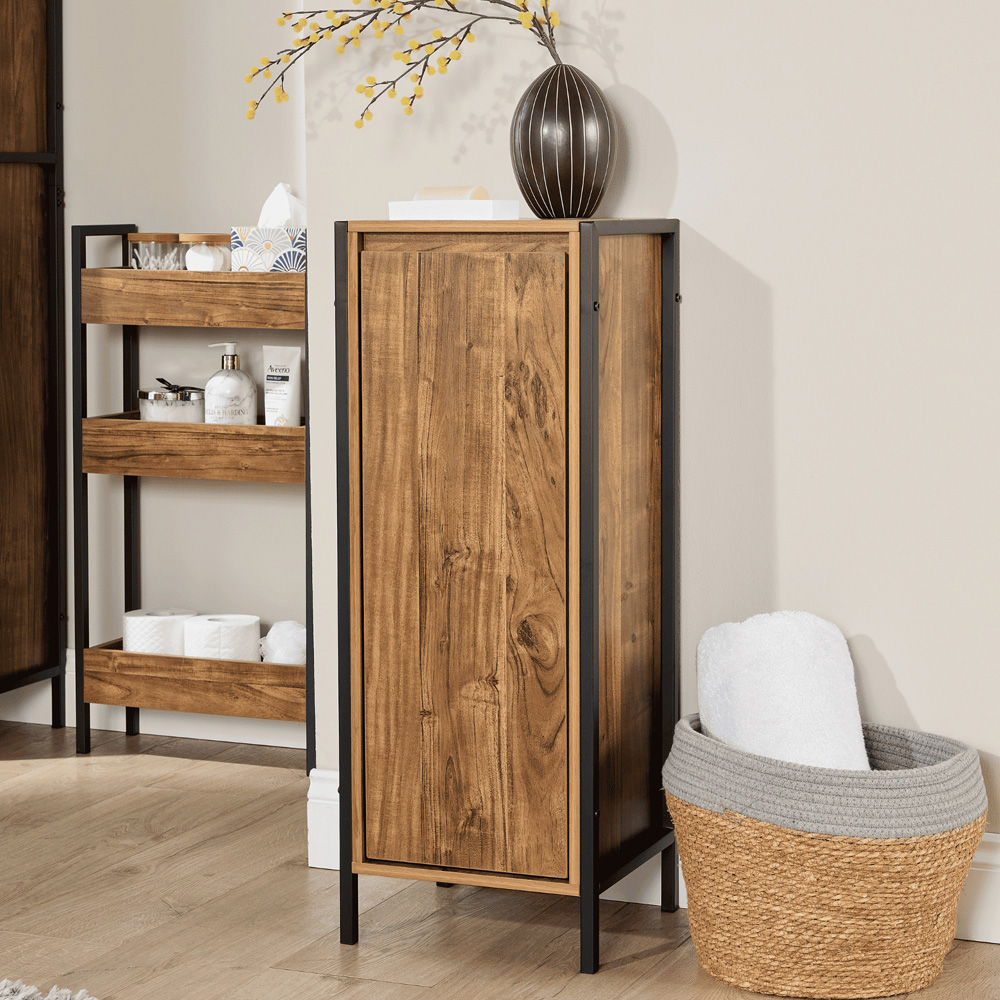 Home Source Locastra Single Door Oak and Black Bathroom Floor Cabinet Image 7