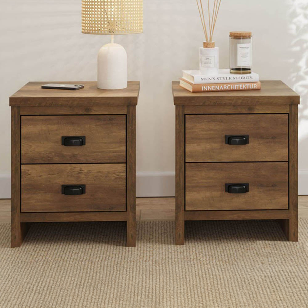 GFW Boston 2 Drawer Knotty Oak Bedside Table Set of 2 Image 1
