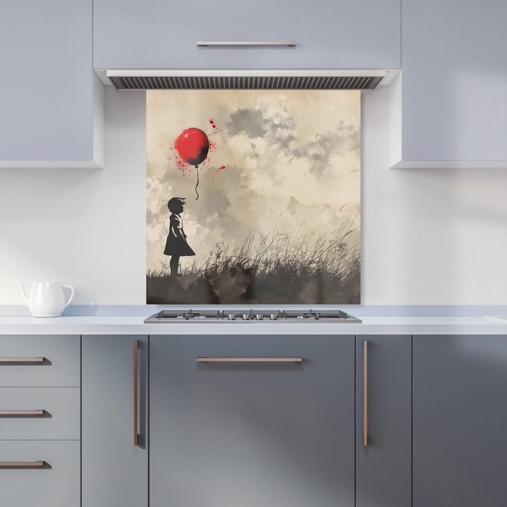 Warren Reed Designer Dreamy Banksy Inspired Girl With Red Balloon Glass Kitchen Splashback 60 x 60cm Image 1