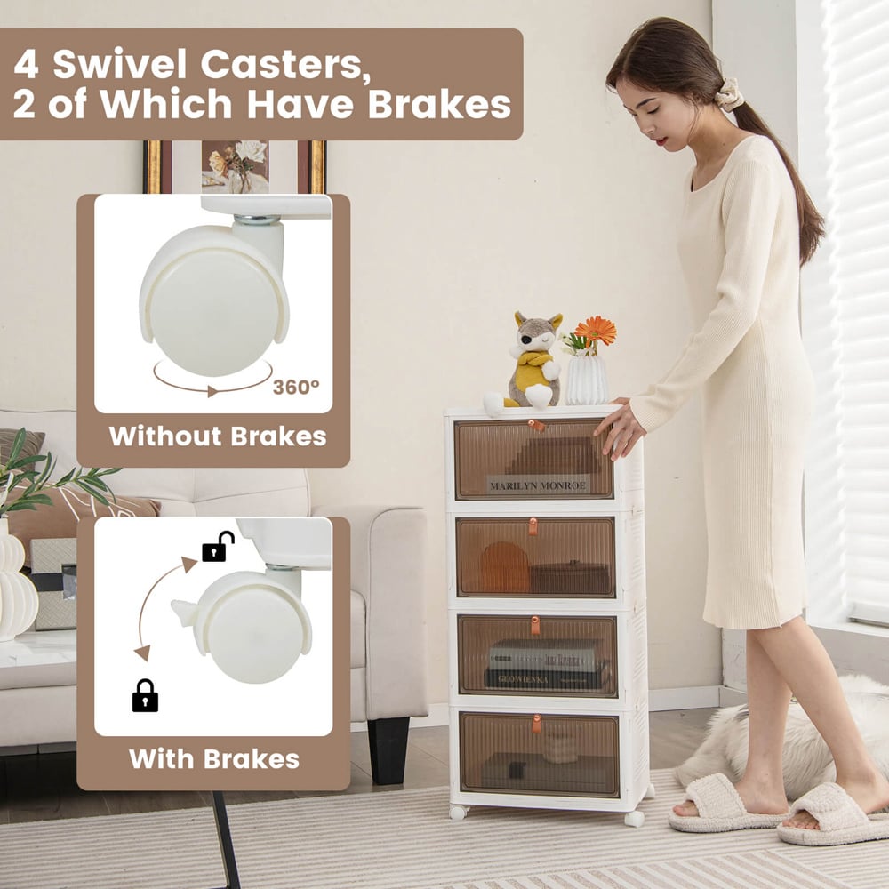 Costway 4 Flip Down Door White Stackable Shoe Storage Box with Lockable Wheels Image 8