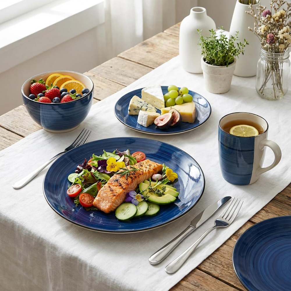 Alivio Spiral Glaze Blue Lead-Free Porcelain 16 Piece Dinner Set Image 3